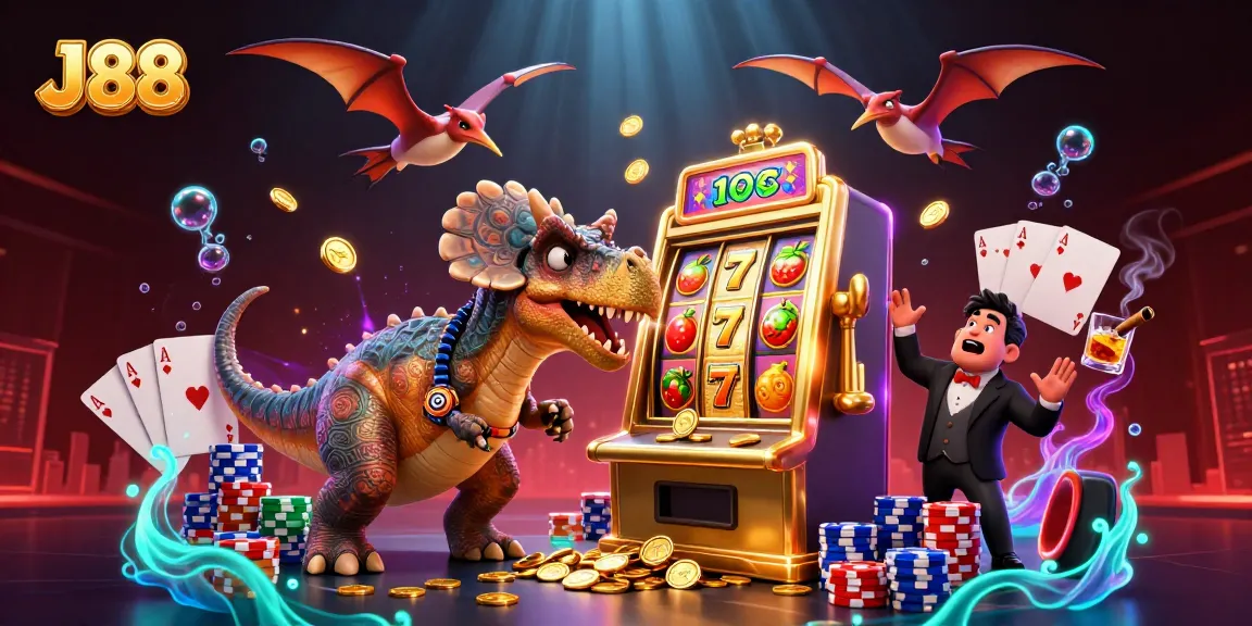 J88 casino scene showcasing a pachycephalosaurus activating a jackpot slot machine amidst flying coins and colorful poker chips.