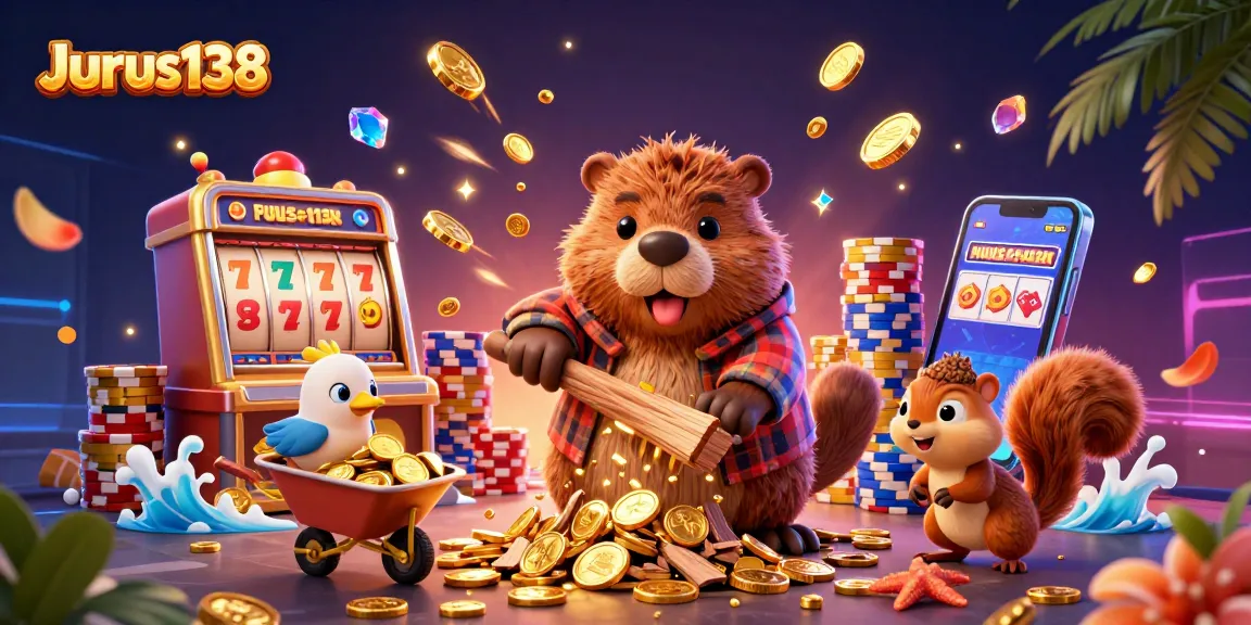 Jurus138 gamers enjoy unique slots experience with golden coins raining from a cartoon beaver.