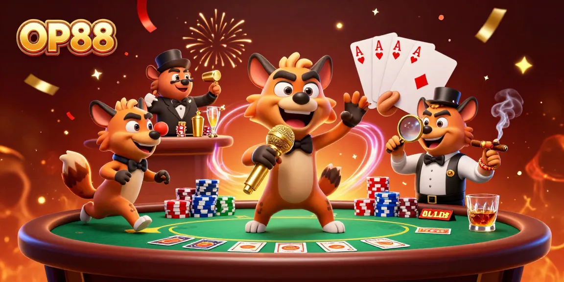 Experience the vibrant atmosphere of OP88 casino with lively hyena characters entertaining in a packed club scene.