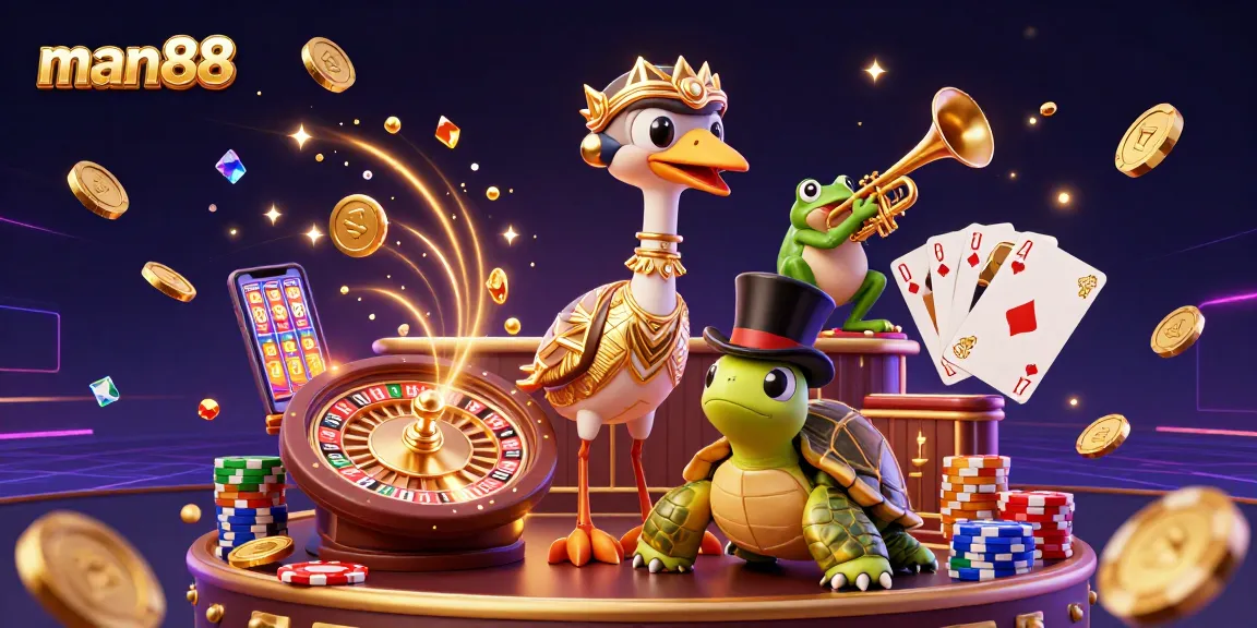 Experience excitement with man88 as a 3D turtle, crane, and frog celebrate at a speakeasy casino.