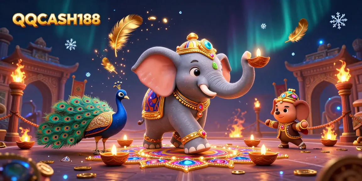 Experience QQCASH188's festive gaming atmosphere with vibrant characters and dynamic elements.