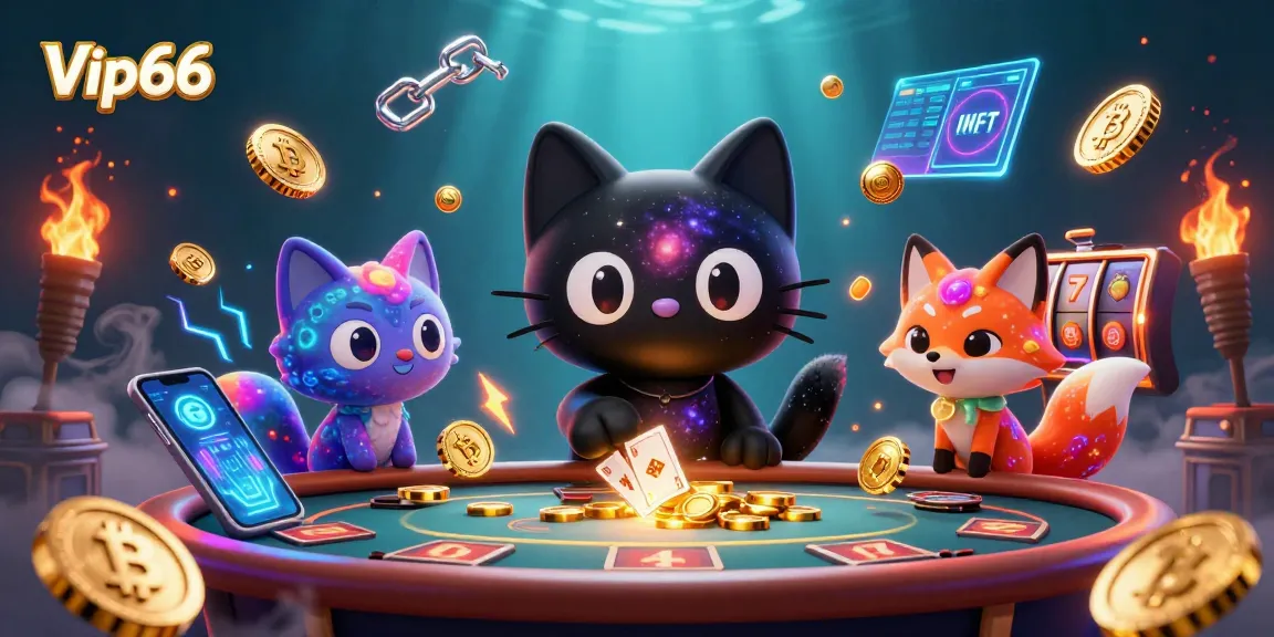Engage with the cosmic casino atmosphere of Vip66 as the animated cat draws chips and cards.