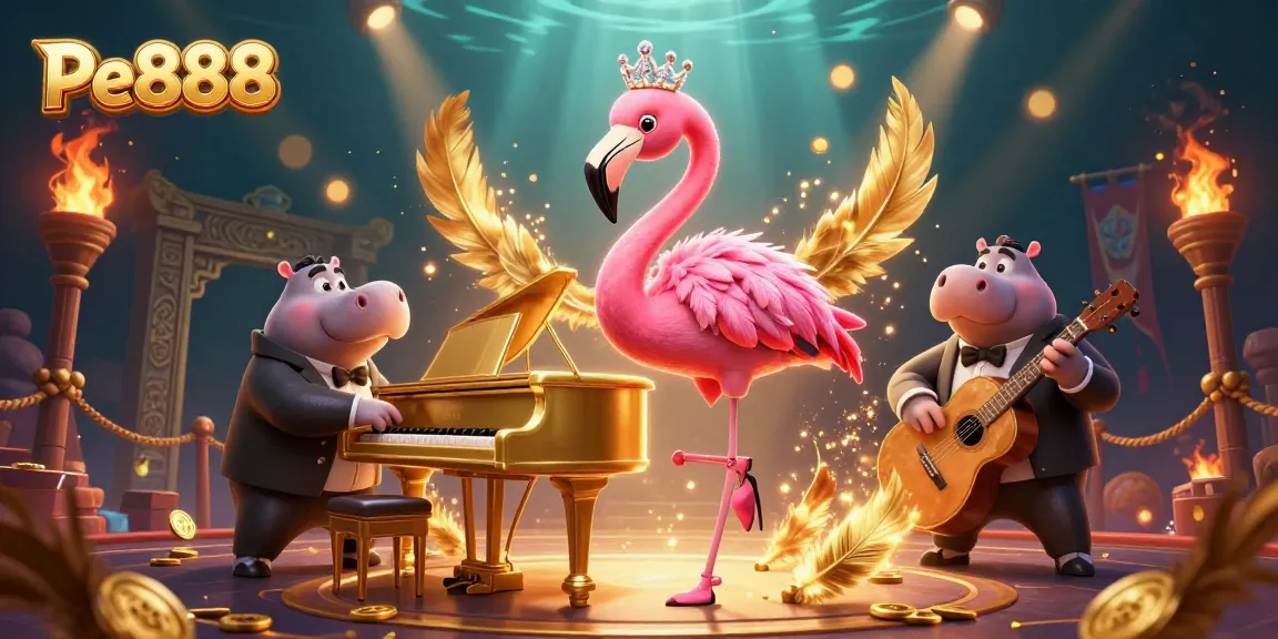 Experience the vibrant Pe888 casino atmosphere with a flamingo singer and hippo bassist under dazzling lights.