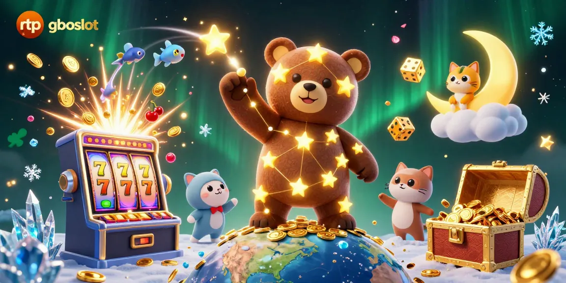 Melihat RTP gboslot dengan ilustrasi 3D animasi beruang bintang dan mesin slot penuh koin.