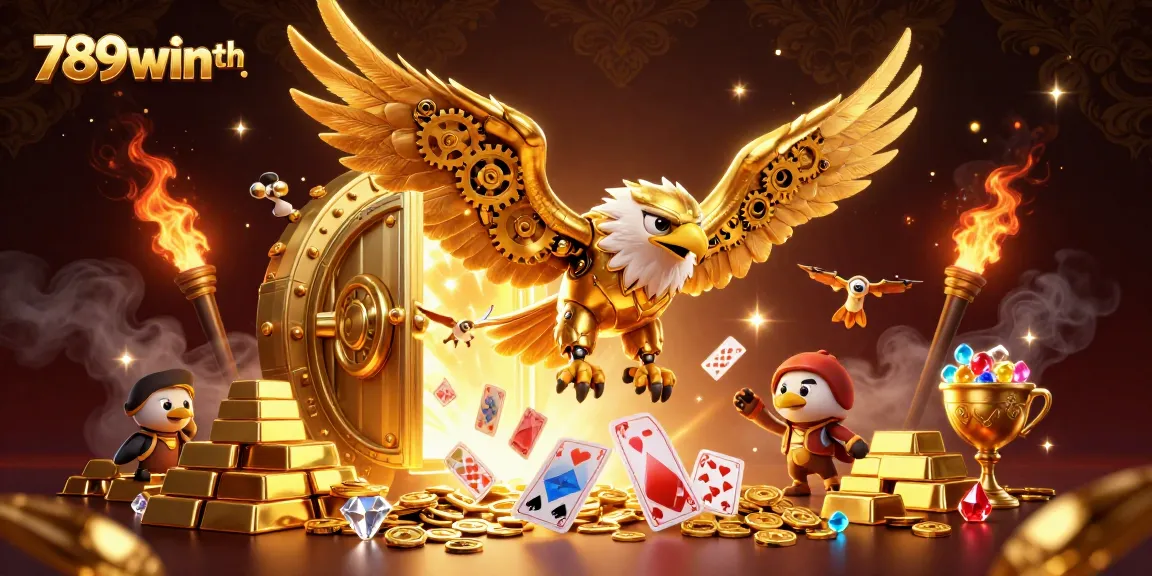 Engage with thrilling games at 789winth, featuring an illustration of a golden eagle soaring among dazzling casino elements.