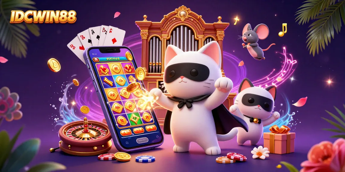 Engage with thrilling games at IDCWIN88, featuring a vibrant 3D casino scene with characters and iconic games.