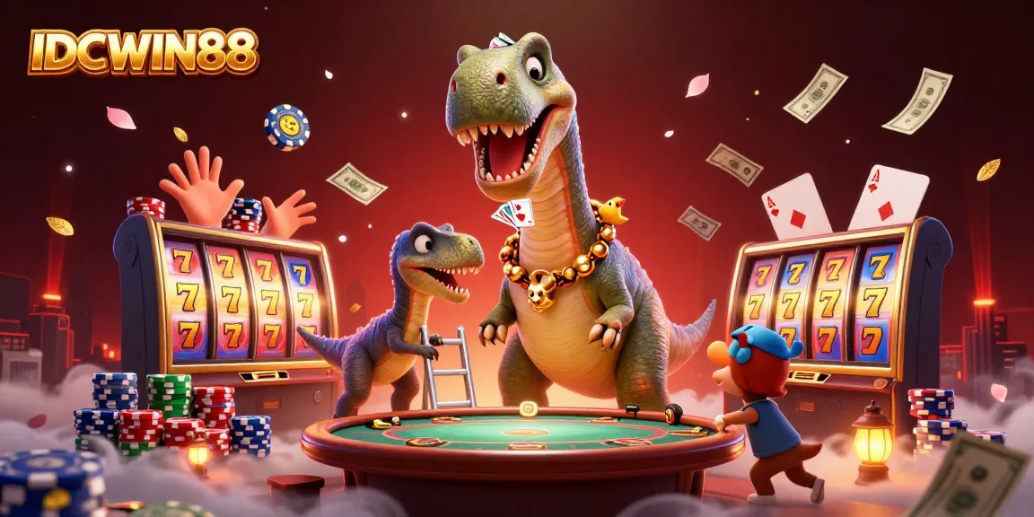 Experience the excitement of IDCWIN88 with a whimsical dinosaur-themed casino showdown.