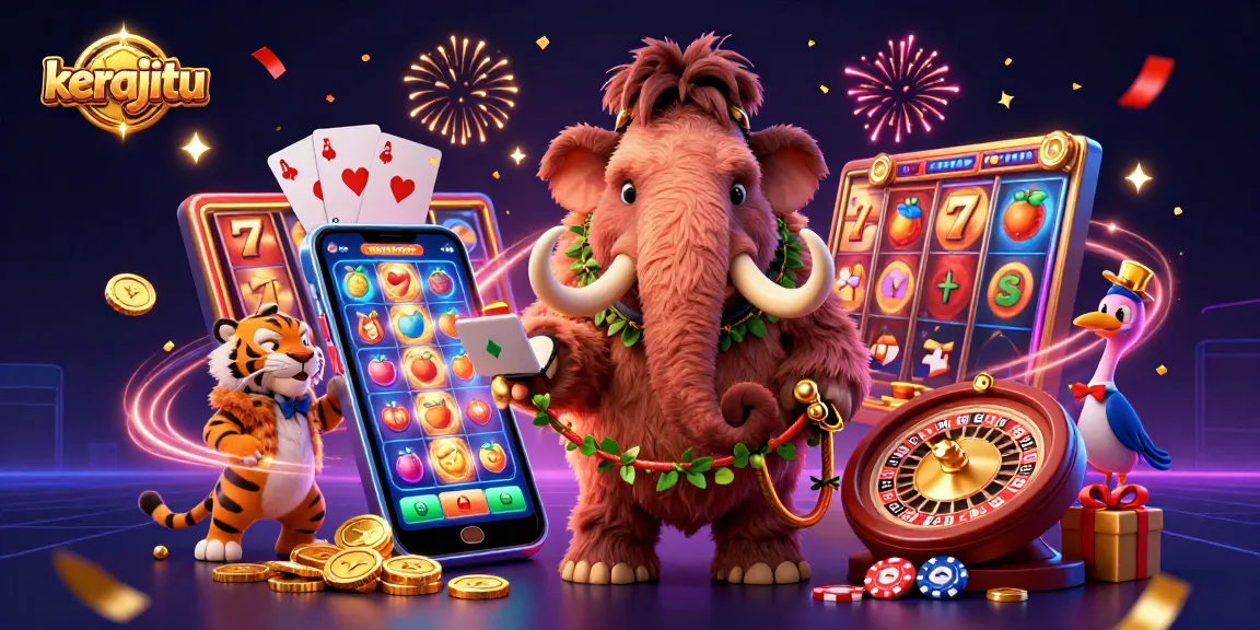 Kickstart your gaming at kerajitu with a vibrant casino scene featuring a woolly mammoth bouncer and dynamic slot game elements.
