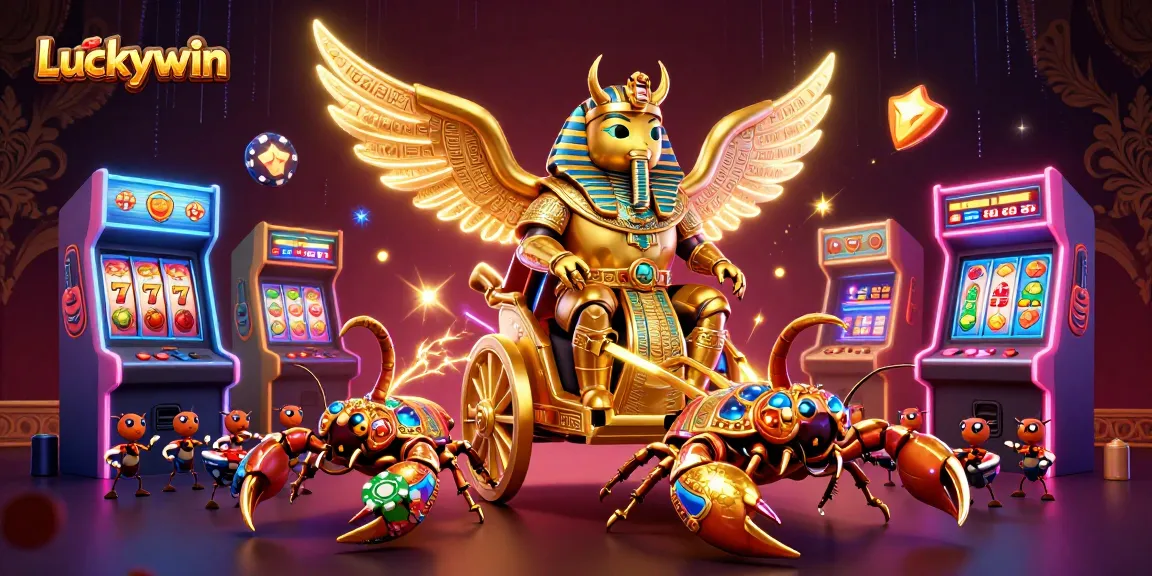 Experience thrilling gameplay with Luckywin's vibrant casino adventure featuring animated characters and game machines.