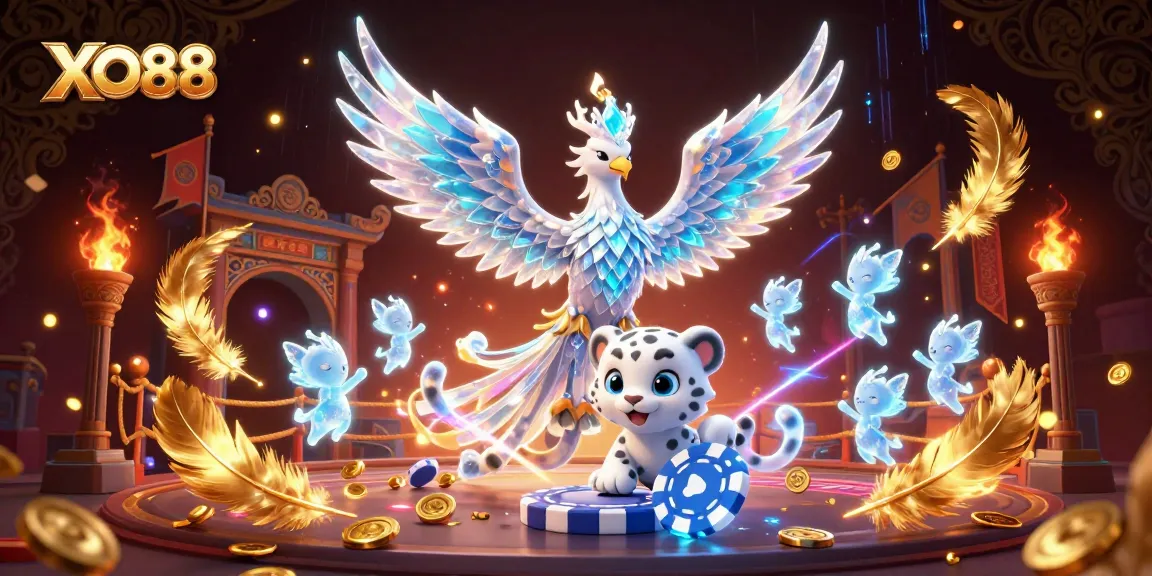 Experience thrilling gaming adventures with XO88's vibrant casino scene featuring crystal wings and poker.