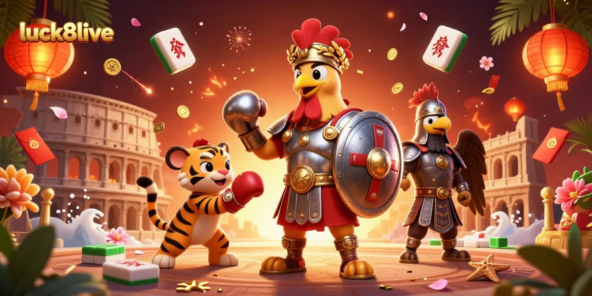 Experience thrills at luck8live with a 3D gladiator rooster and casino elements in a vibrant scene.