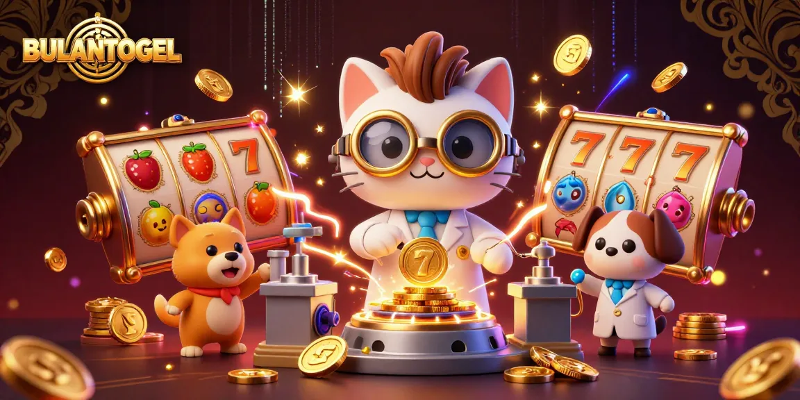 BULANTOGEL transforms luck into wealth with vibrant 3D illustration of jackpot slots and a mad scientist cat.