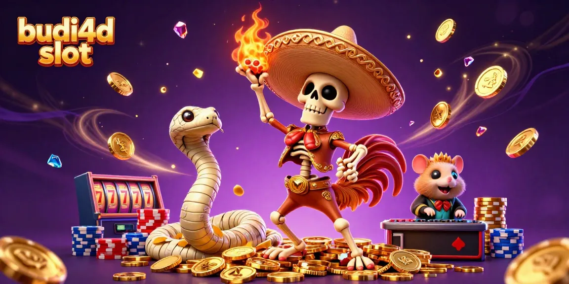Celebrate wins at budi4d slot with dazzling 3D characters amidst golden coins and vibrant game elements.