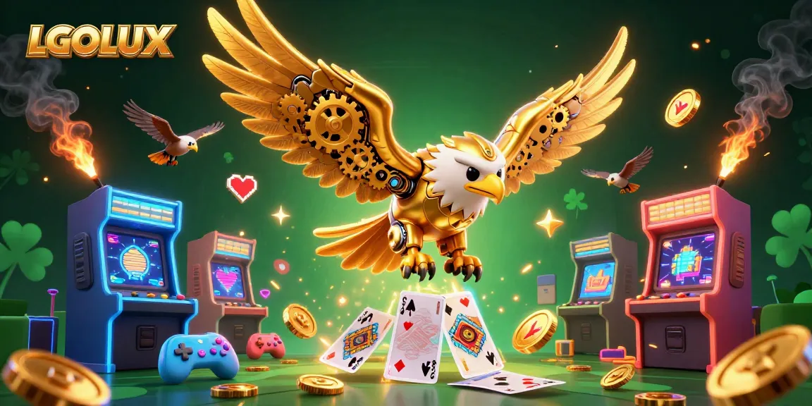 Engage with LGOLUX's vibrant gaming scene featuring a golden eagle soaring among colorful 3D arcade machines.