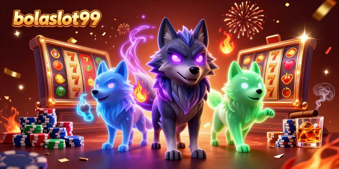 Bets flow at bolaslot99 with vibrant slot reels and wolf characters celebrating a jackpot win.