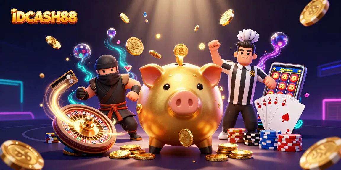 Play with IDCASH88 at an exciting casino scene featuring vibrant characters and dynamic gaming elements.