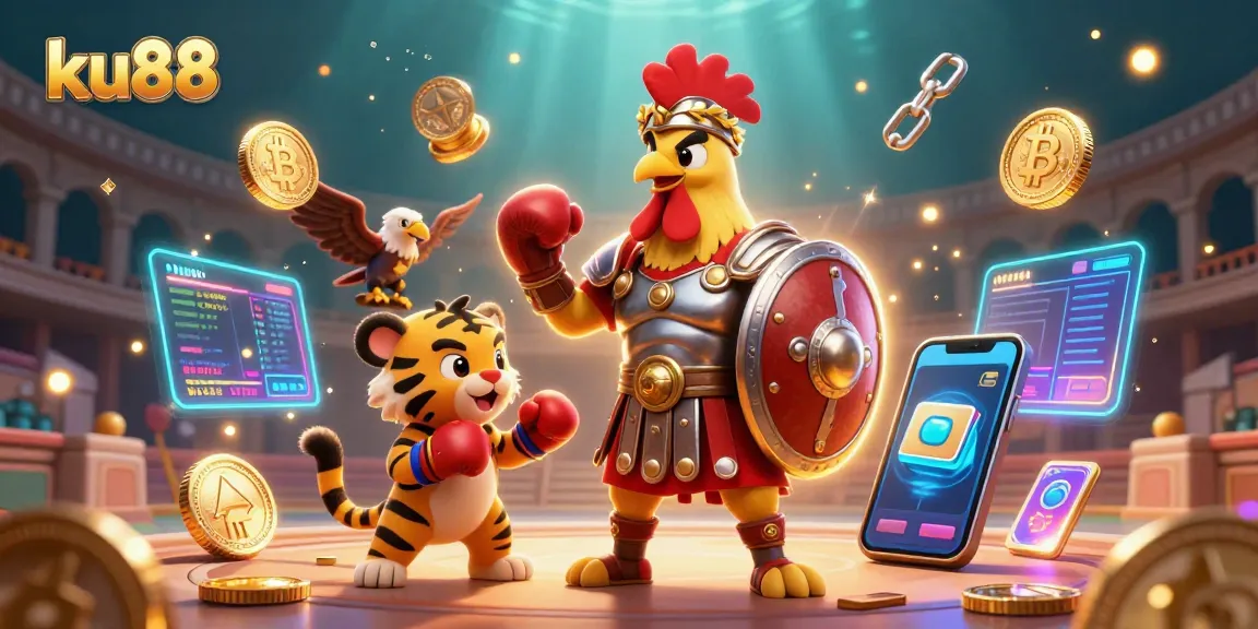 Engage with ku88's thrilling gameplay through a dynamic 3D illustration featuring vibrant casino elements.