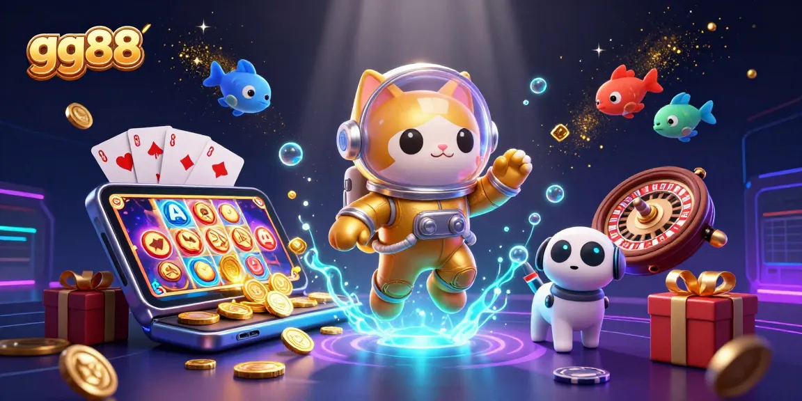 Engage with gg88's thrilling adventure as a golden astronaut cat explores a vibrant casino universe.