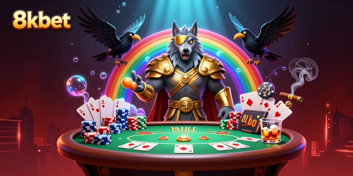 Experience the thrill of 8xbet casino with Odin and his ravens amidst vibrant poker elements.