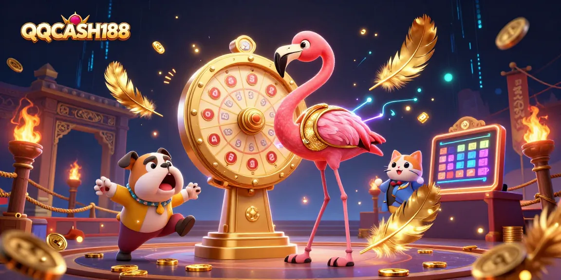 Engage with QQCASH188’s thrilling gaming atmosphere featuring vibrant characters and dynamic casino elements.