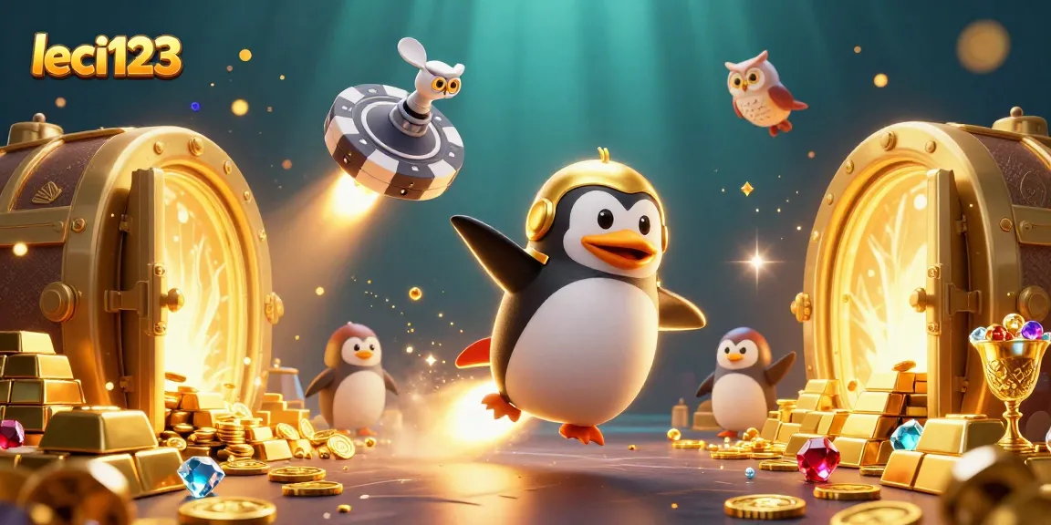 Experience exciting wins with Leci123 as a golden penguin blasts through a cosmic casino.