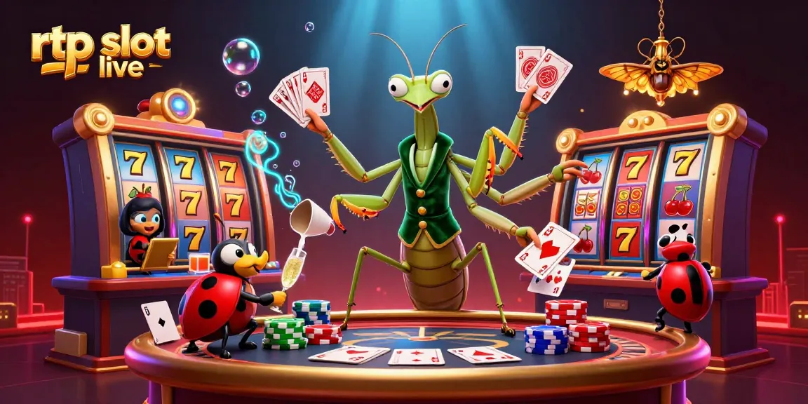 Gambarkan RTP Slot Live dengan karakter kasino kartun dan elemen slot yang menarik.