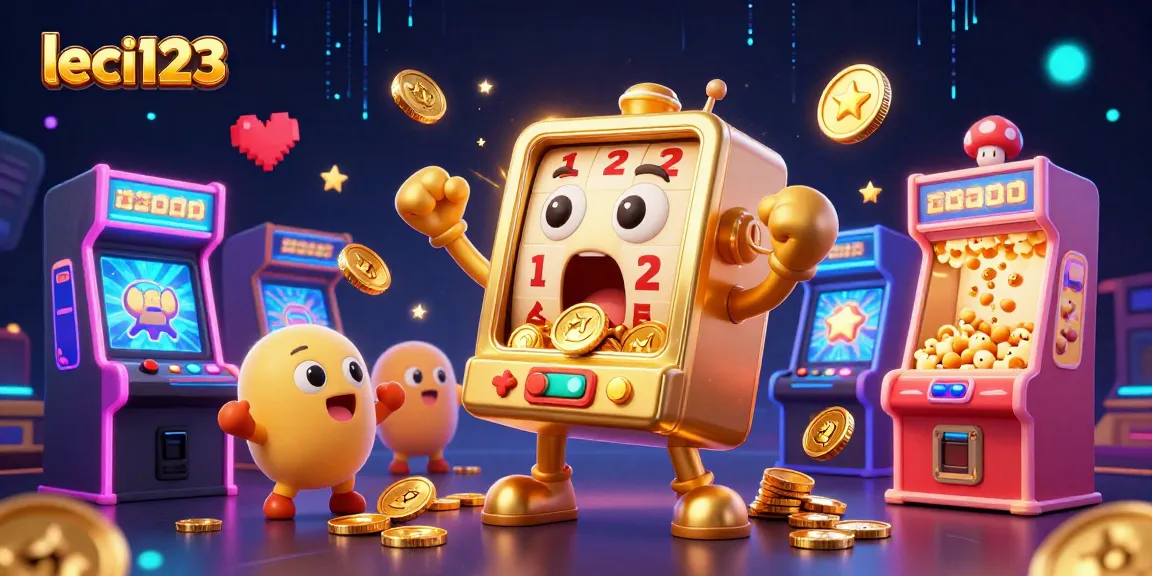 Mesin slot leci123 memenangkan jackpot dikelilingi mesin permainan 3D berwarna-warni dan efek neon.