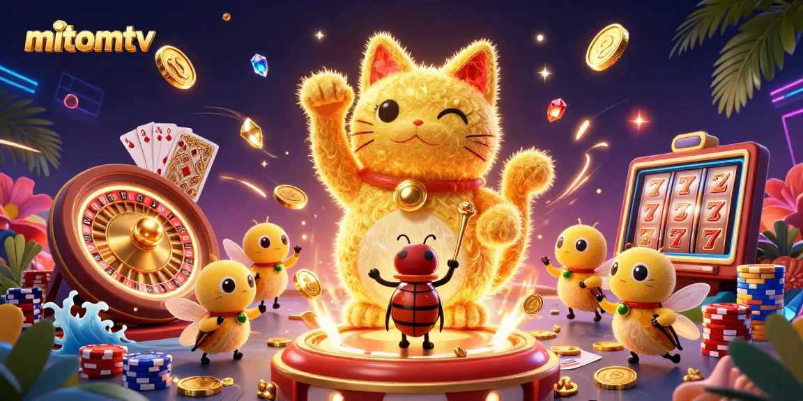 Experience mitomtv's vibrant online casino world with golden fireflies and luck symbols.