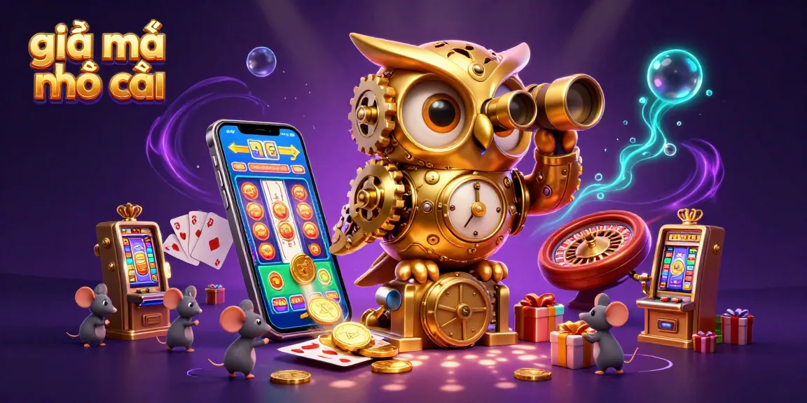 Experience the vibrant world of giải mã nhà cái with a clockwork owl surveying a dynamic casino scene full of game elements.