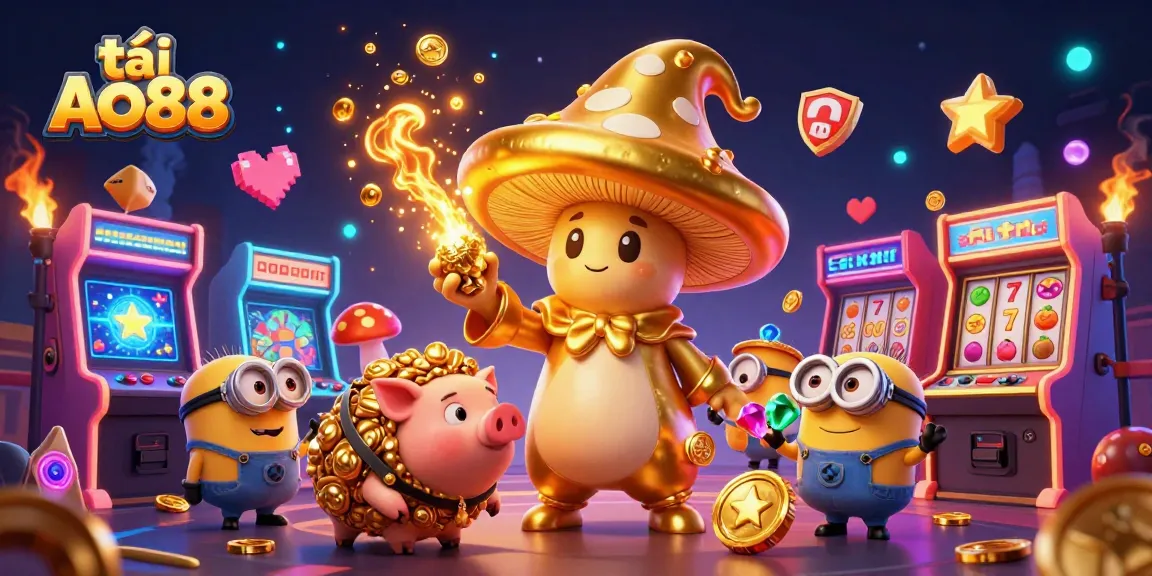 Experience the thrilling magic of tải AO88 with a golden mushroom wizard, treasure pig, and slot game excitement!