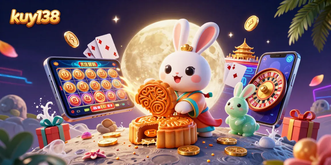 Menangkan permainan di kuy138 dengan ilustrasi digital 3D kelinci bulan tradisional yang menggiling kue bulan penuh chip poker.