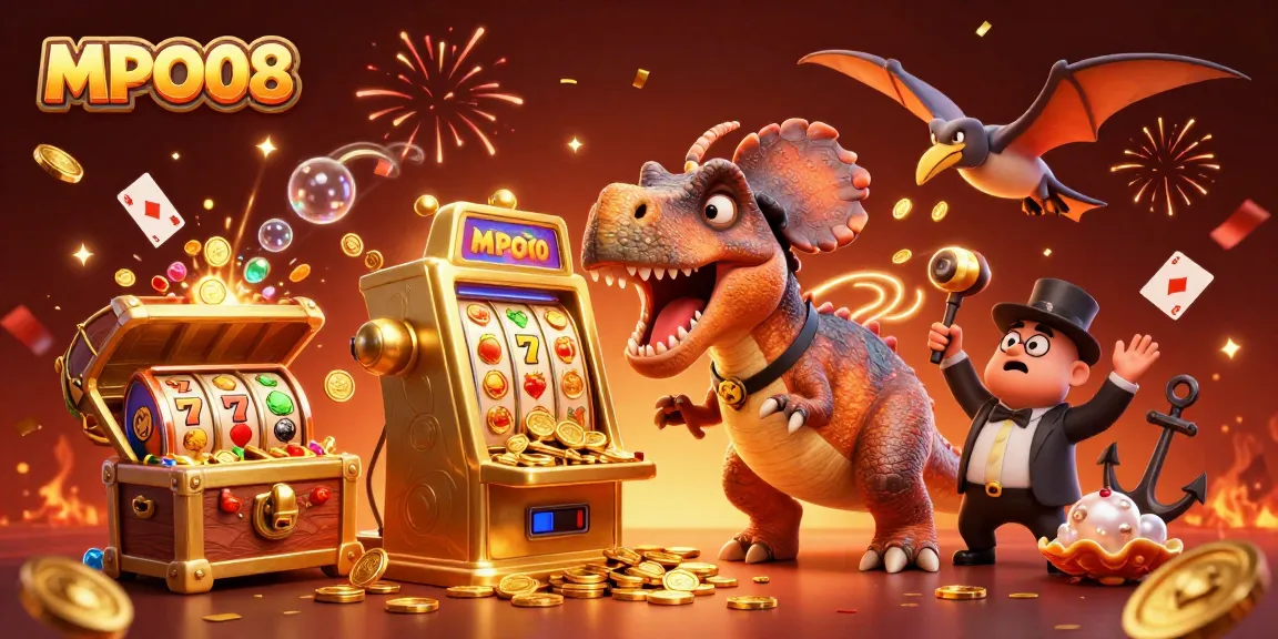 MPO08 players are rewarded with jackpot coins as a pachycephalosaurus headbutts a slot machine, highlighted in this vibrant scene.