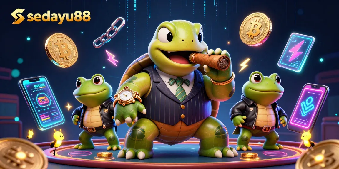 Sedayu88's vibrant online casino scene featuring a mobster turtle with crypto coins.