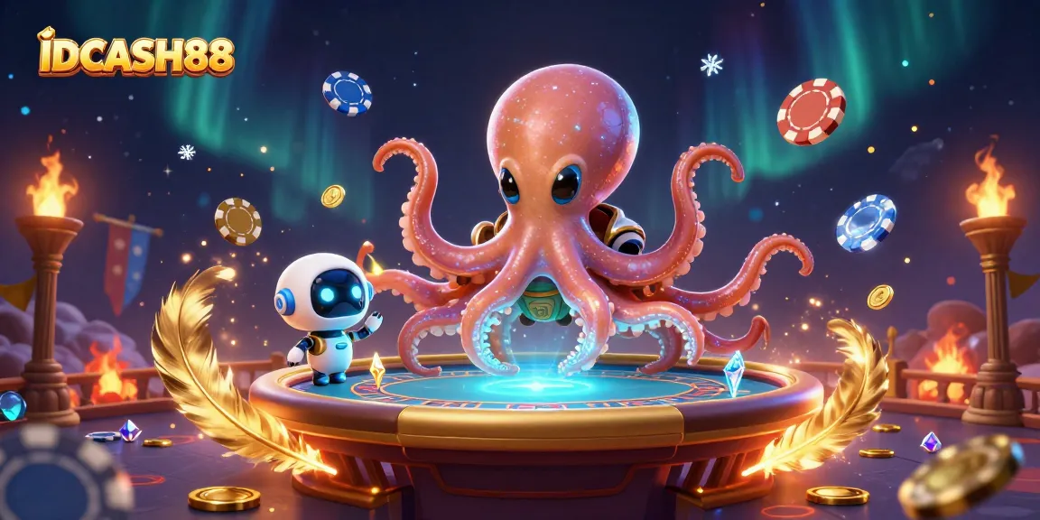 Engage with IDCASH88's dynamic online gaming illustrated by a cartoon alien octopus at a poker table.