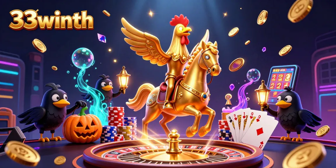 Experience the thrill of 33winth with a golden rooster riding in a fantastical casino scene.