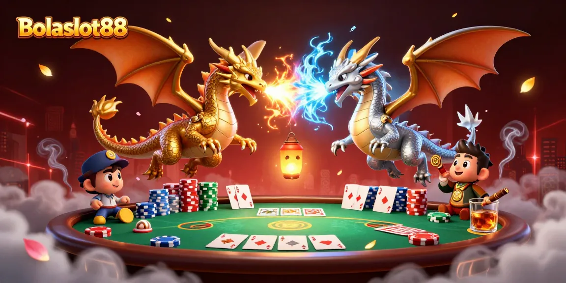Bolaslot88 showcases a vibrant scene where twin dragons battle in a fiery and icy yin-yang duel, surrounded by poker elements.