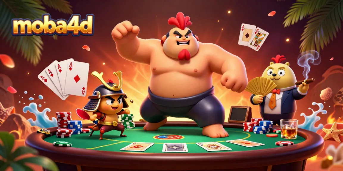 Engage poker action with moba4d in a vibrant 3D illustration showcasing a sumo wrestler rooster, fierce cricket, and tanuki announcer.