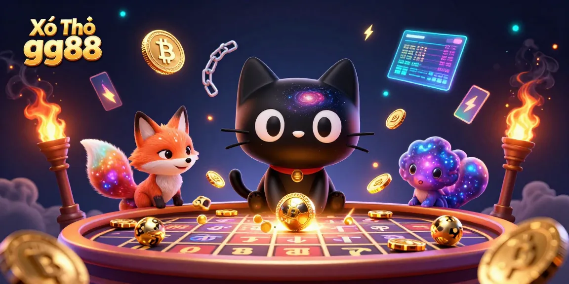 Xổ Số gg88 triggers thrilling lottery experiences with a cosmic design and vibrant 3D characters.