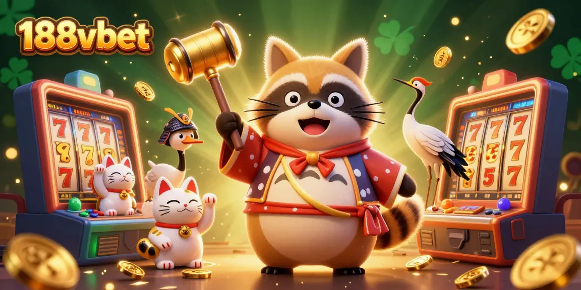 Play thrilling slot games with 188vbet's vibrant casino illustration featuring lucky charms.