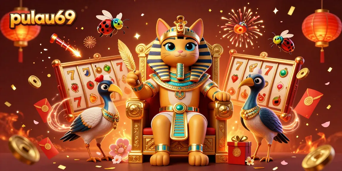 Pulau69 showcases an engaging slot gaming scene with Egyptian elements and vibrant casino atmosphere.