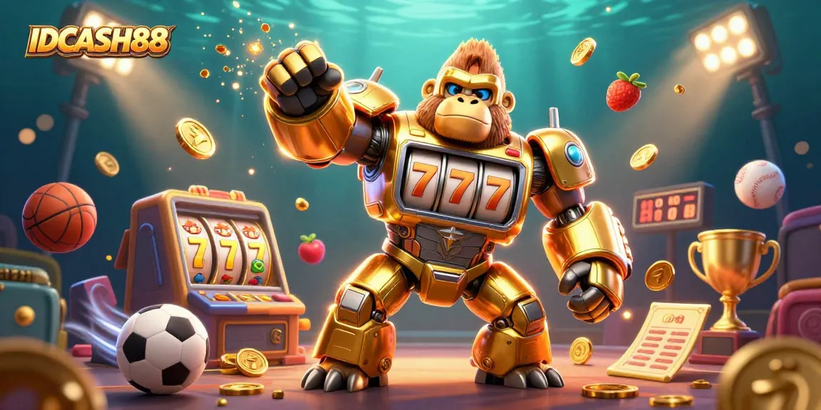 Experience thrilling gameplay with IDCASH88's vibrant 3D illustration showcasing a golden gorilla mech amidst dynamic slot elements.