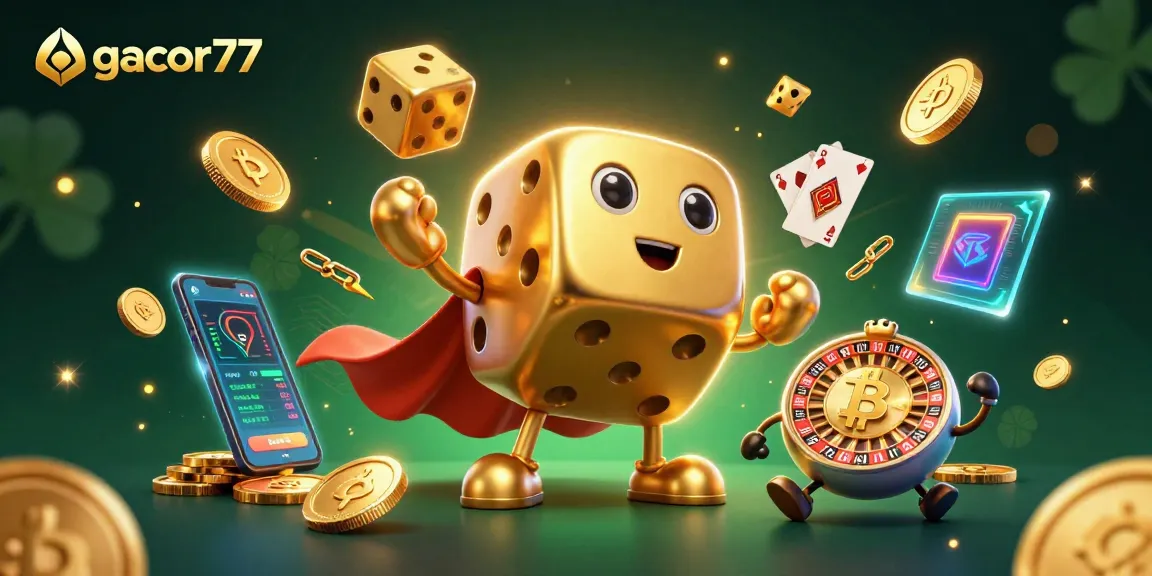 Gacor77 menghadirkan ilustrasi kasino yang penuh warna dengan dadu emas yang bergerak.