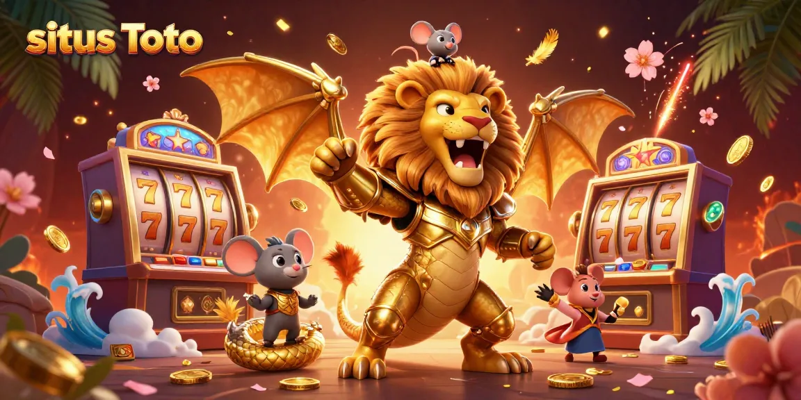 Situs Toto gaming excitement brought to life with a roaring chimera and dynamic gold coins.